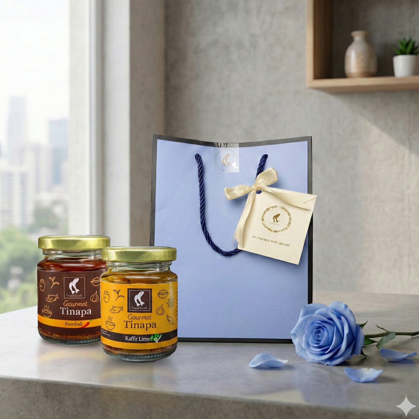 Premium Gourmet in Golden Cap - Blue Gift Bag Bundle of 2 Bottles (Kaffir+Sambal)