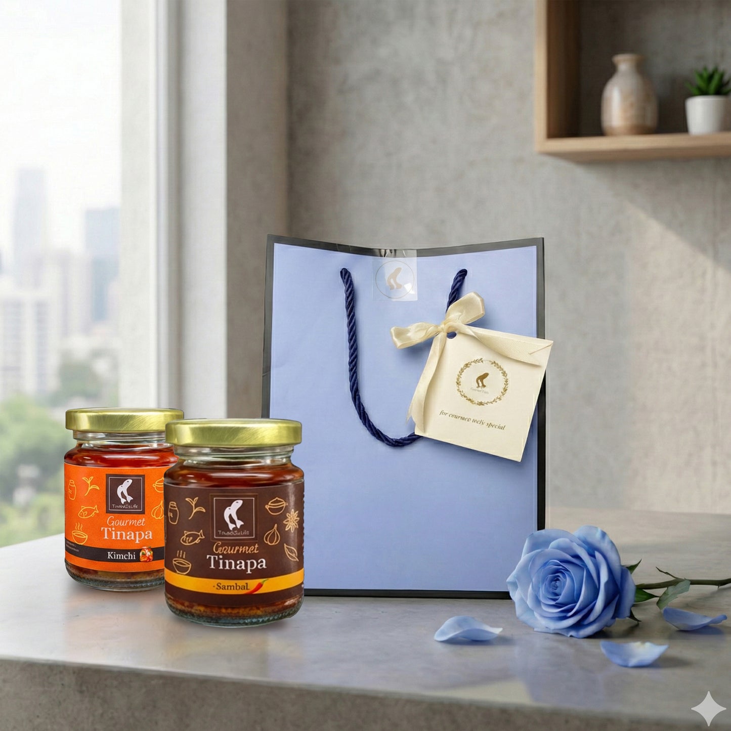 Premium Gourmet in Golden Cap - Blue Gift Bag Bundle of 2 Bottles (Sambal+Kimchi)