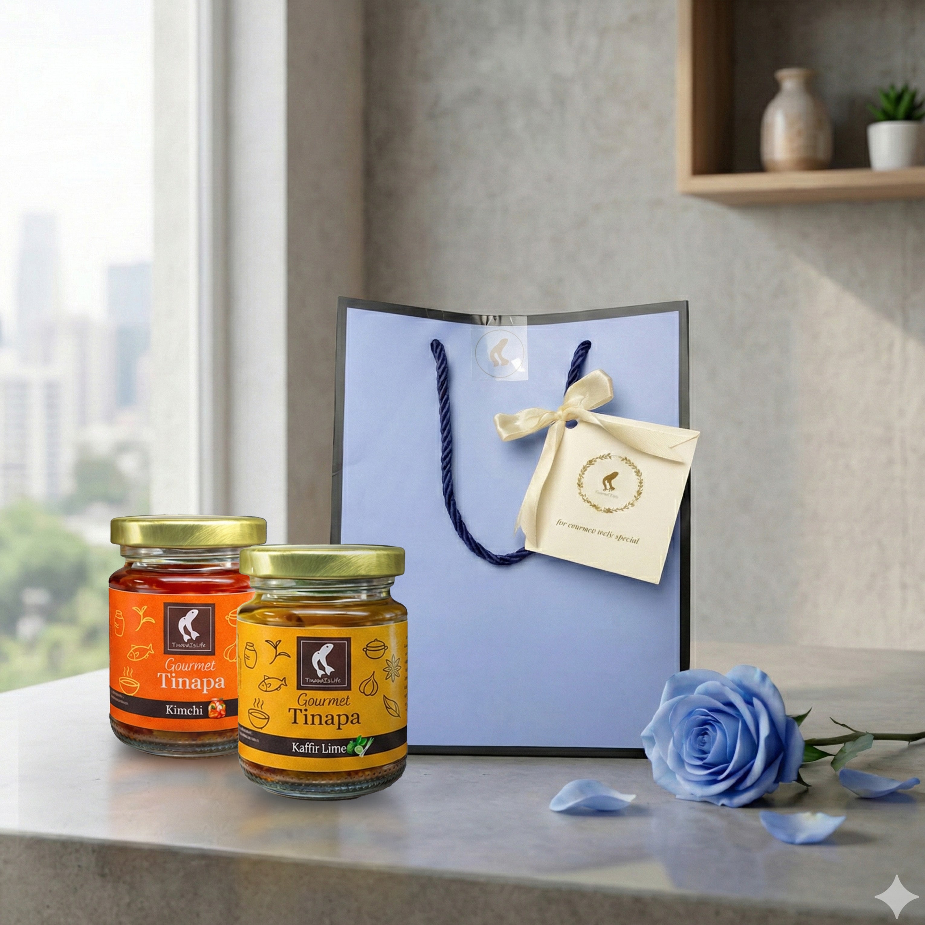 Premium Gourmet in Golden Cap - Blue Gift Bag Bundle of 2 Bottles (Kaffir+Kimchi)