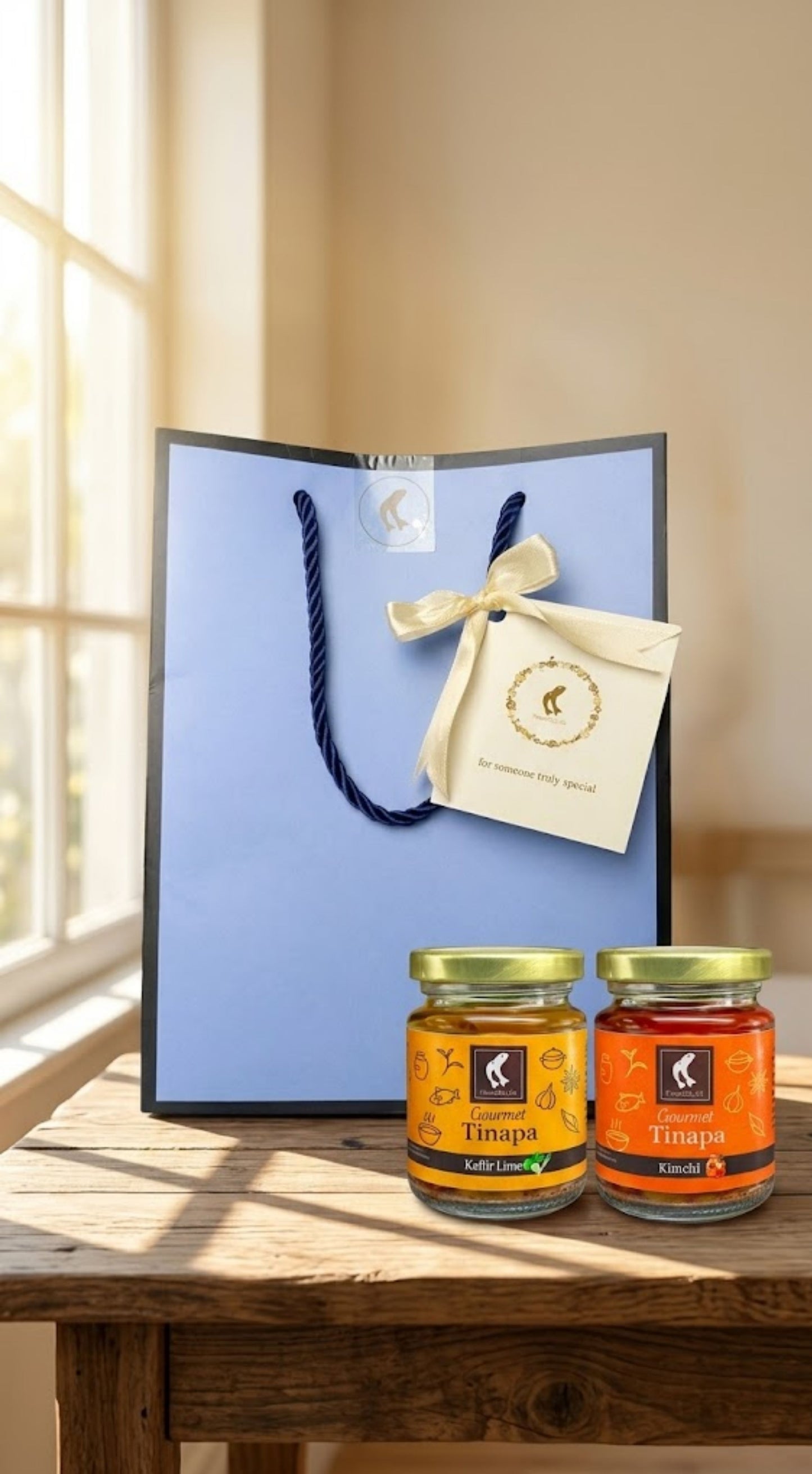 Premium Gourmet in Golden Cap - Blue Gift Bag Bundle of 2 Bottles (Kaffir+Kimchi)