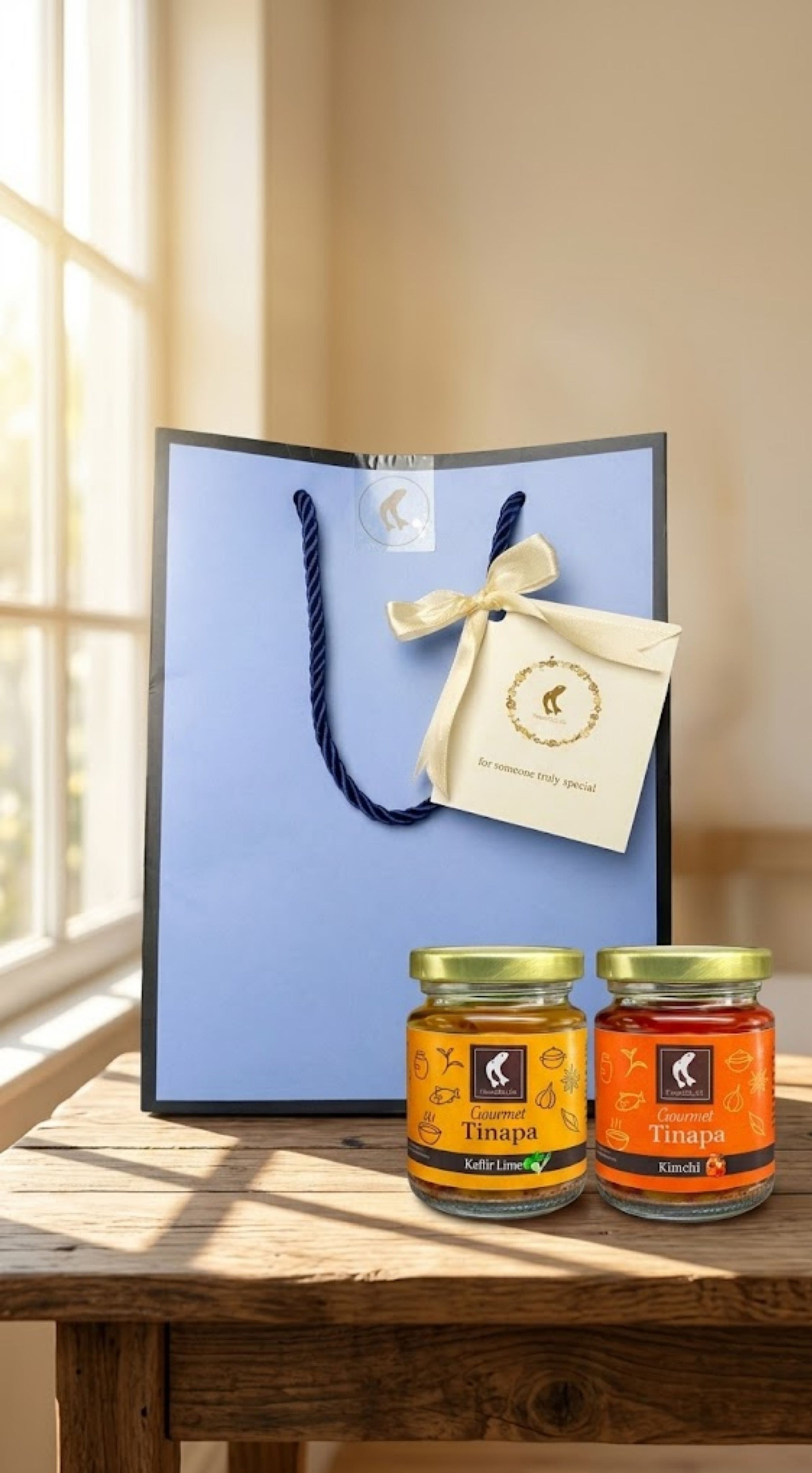 Premium Gourmet in Golden Cap - Blue Gift Bag Bundle of 2 Bottles (Kaffir+Kimchi)