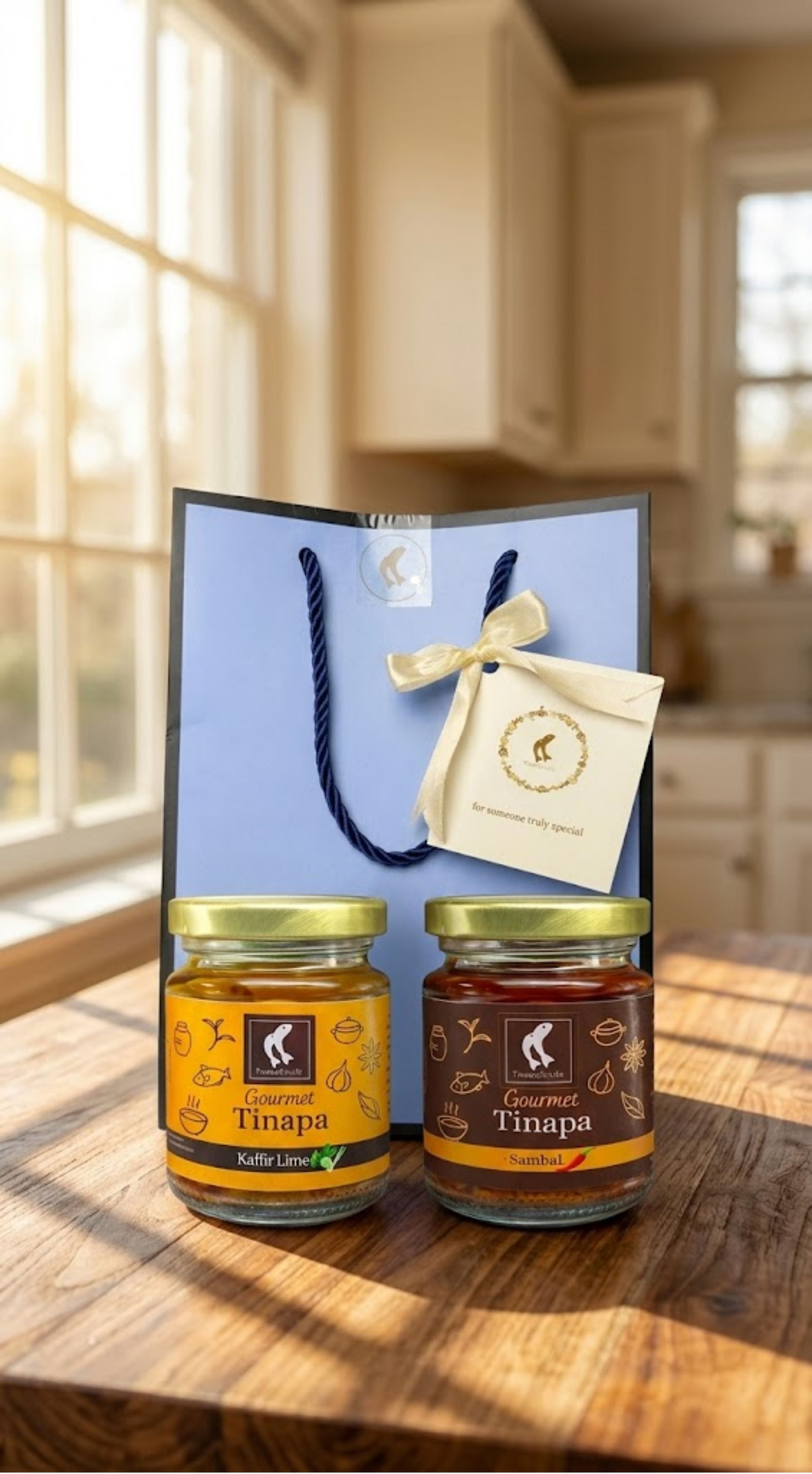 Premium Gourmet in Golden Cap - Blue Gift Bag Bundle of 2 Bottles (Kaffir+Sambal)