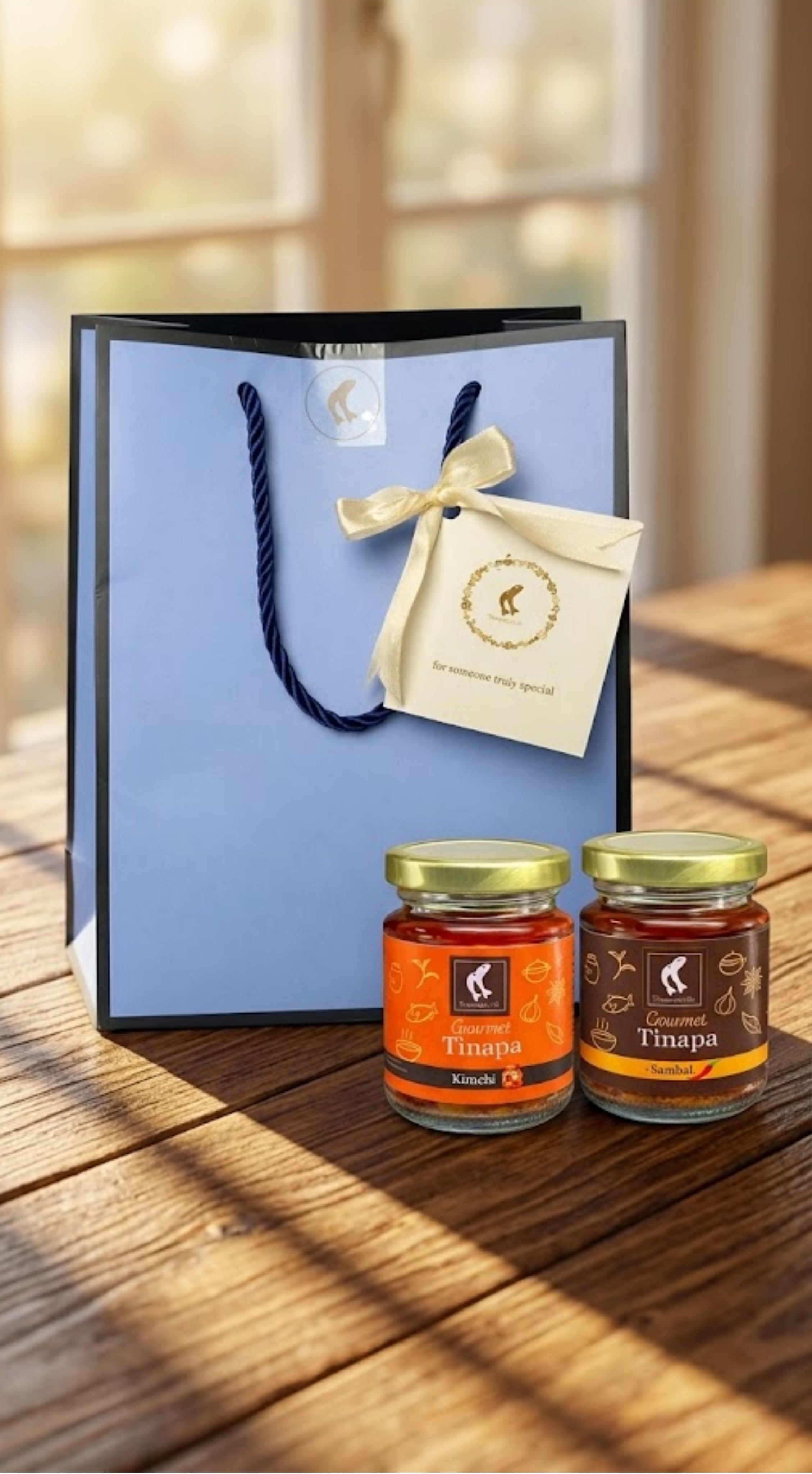 Premium Gourmet in Golden Cap - Blue Gift Bag Bundle of 2 Bottles (Sambal+Kimchi)