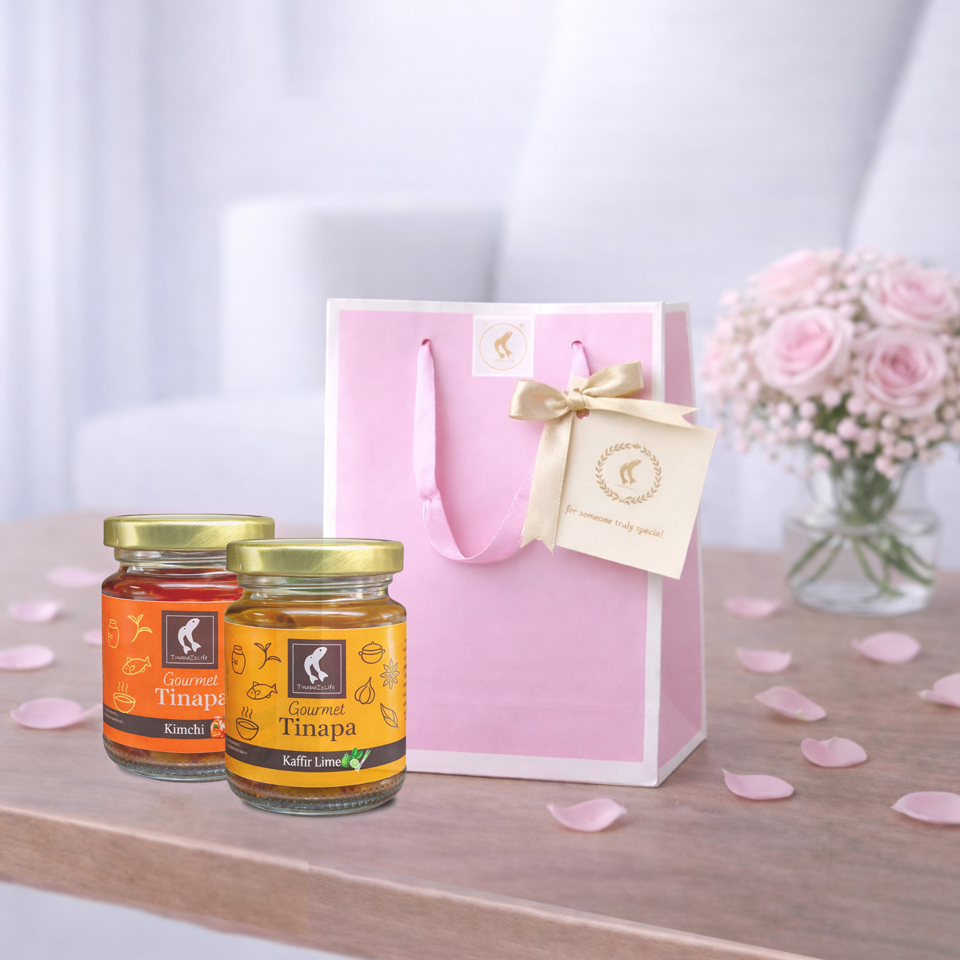 Premium Gourmet in Golden Cap - Pink Gift Bag Bundle of 2 Bottles (Kaffir+Kimchi)