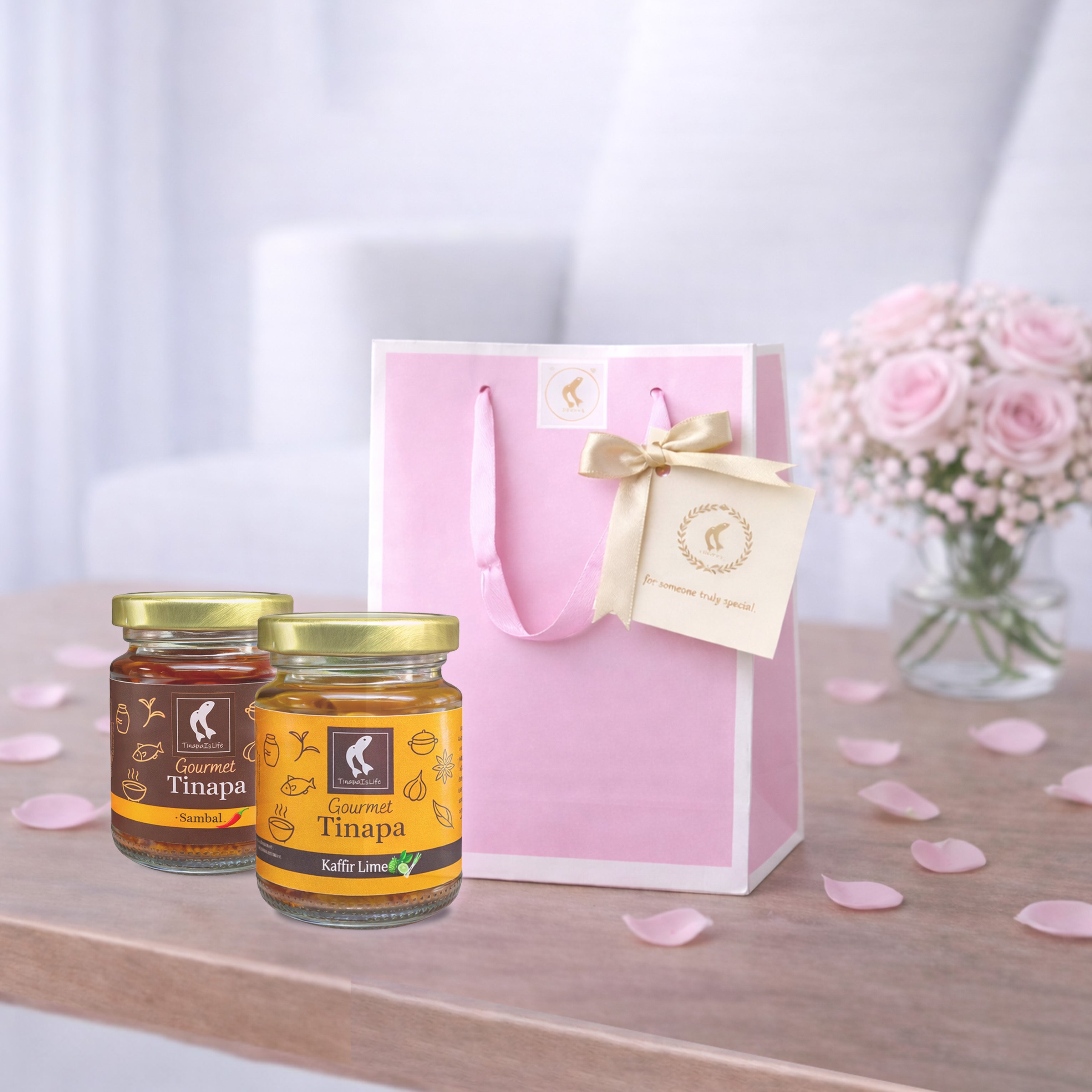 Premium Gourmet in Golden Cap - Pink Gift Bag Bundle of 2 Bottles (Kaffir+Sambal)