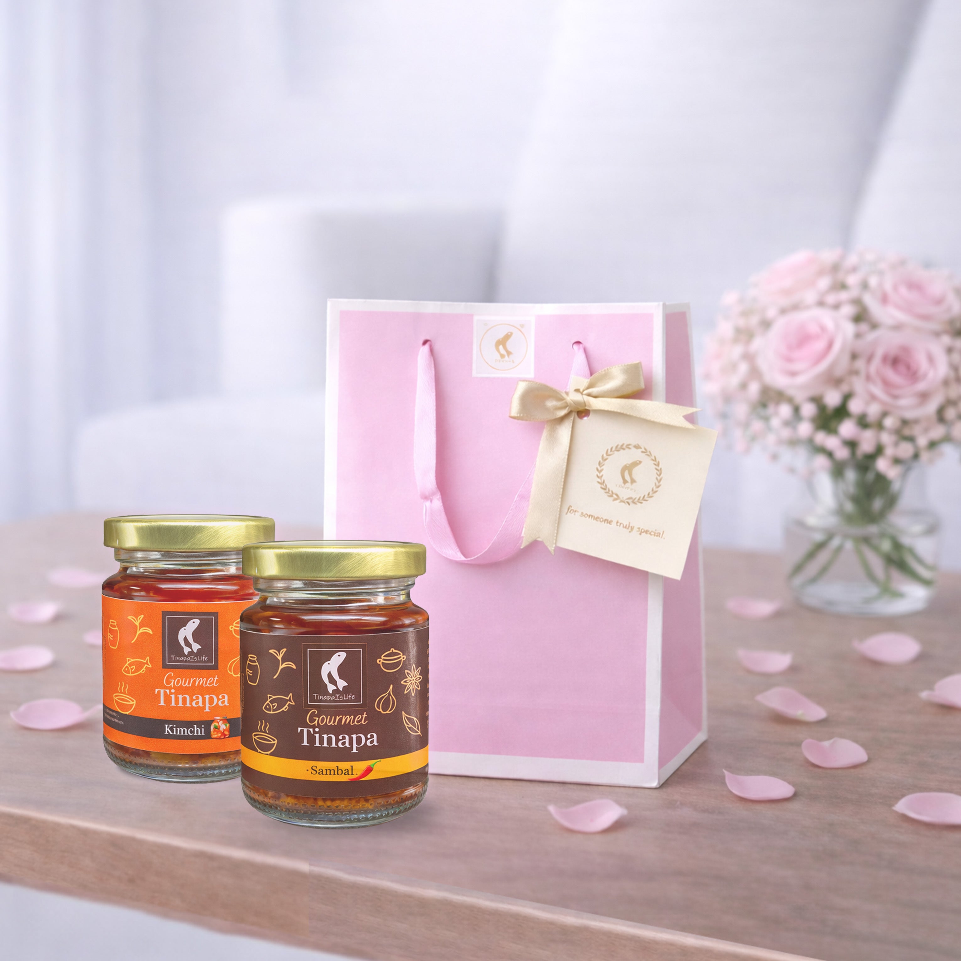 Premium Gourmet in Golden Cap - Pink Gift Bag Bundle of 2 Bottles (Sambal+Kimchi)