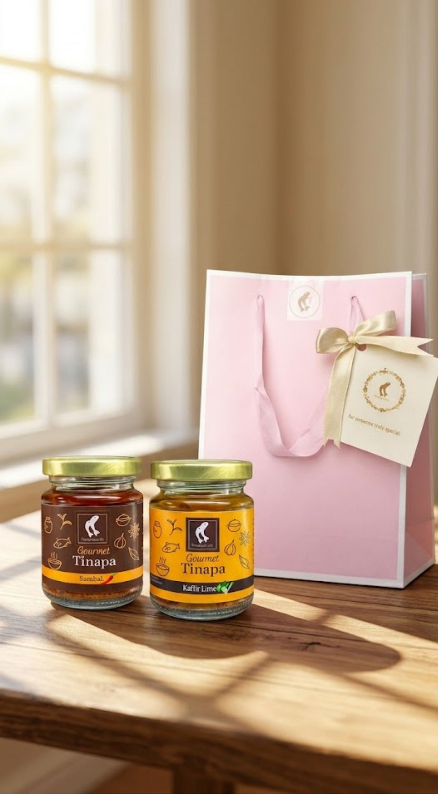 Premium Gourmet in Golden Cap - Pink Gift Bag Bundle of 2 Bottles (Kaffir+Sambal)
