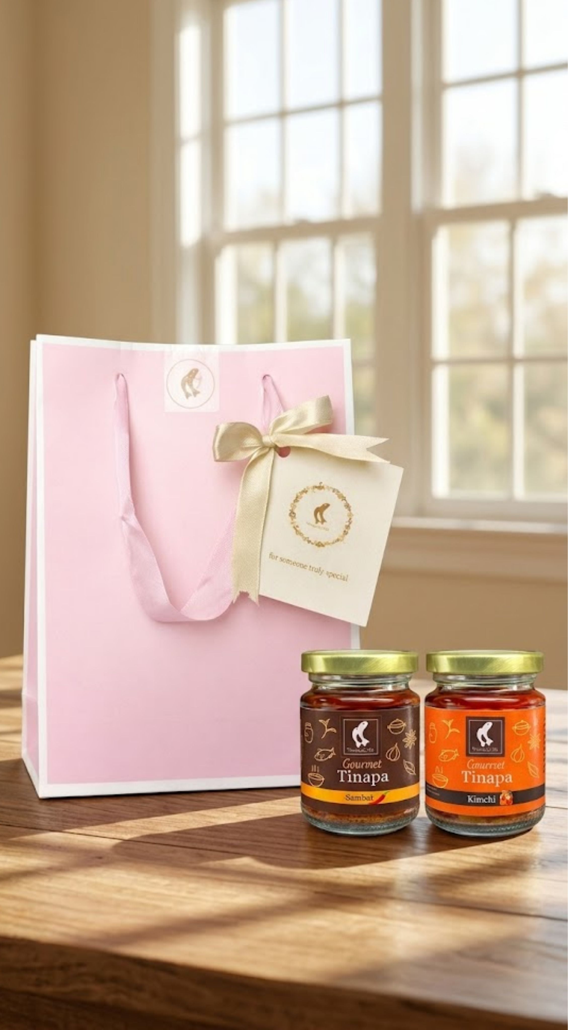 Premium Gourmet in Golden Cap - Pink Gift Bag Bundle of 2 Bottles (Sambal+Kimchi)