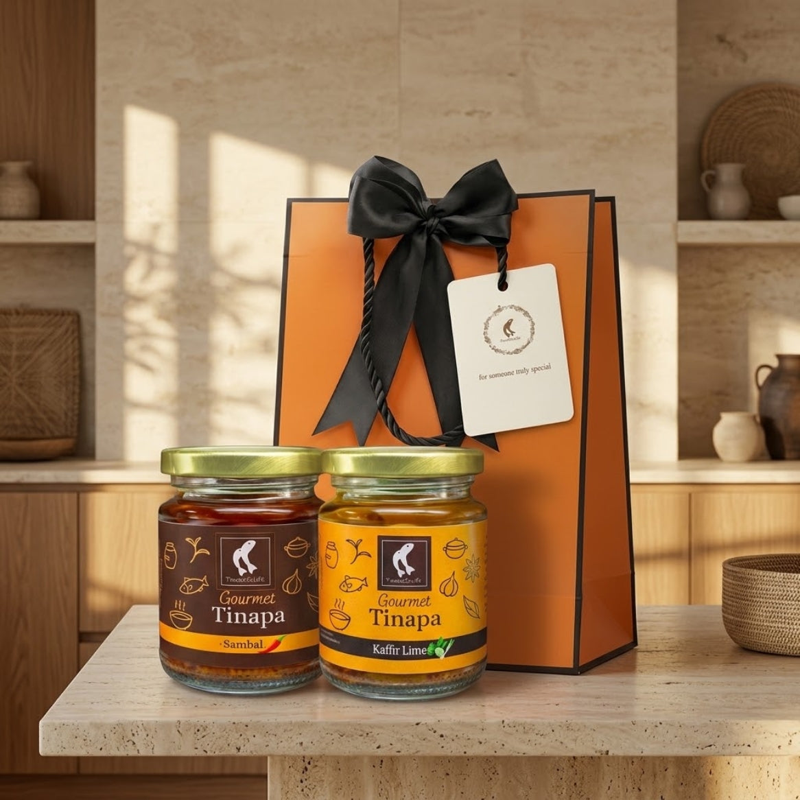 Premium Gourmet in Golden Cap Holiday Gift Bag Bundle of 2 Bottles (Kaffir + Sambal)